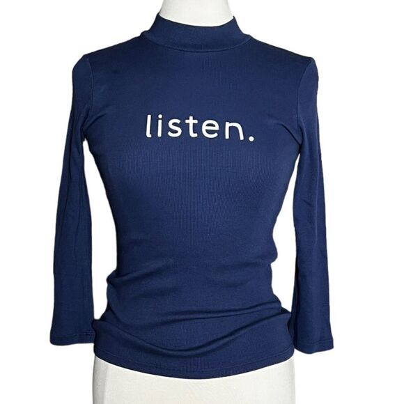 DAYDREAM NATION Listen Stretch Ribbed Knit Mock Turtleneck 3/4 Sleeve T-Shirt - Picture 1 of 7